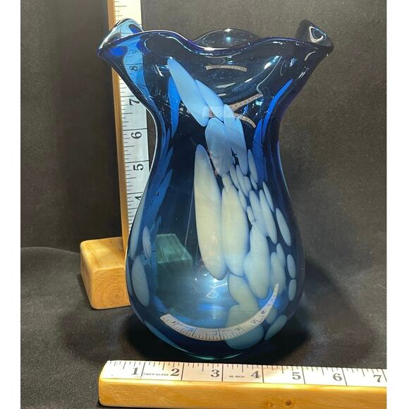 Hand Blown 9 in. Cobalt Blue Vase with White Accents - Picture 5 of 5